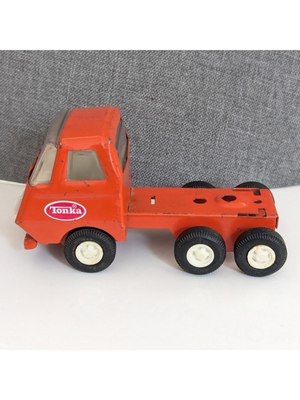 Vintage 1970s Tonka Collectible Lowboy Semi Hauler Orange Truck Toy 4.5”